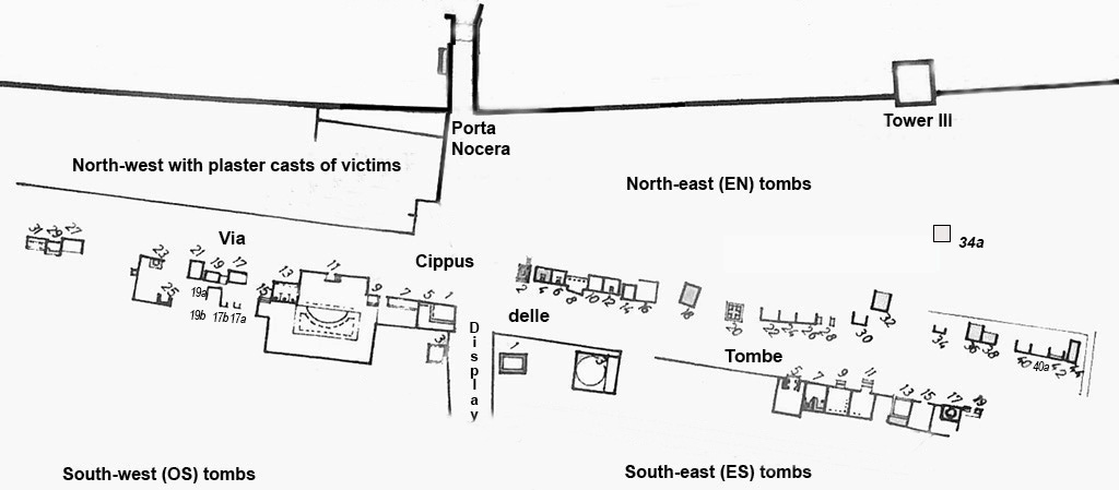  Pompeii Porta Nocera or Nocera Gate Tombs. on the Via delle Tombe. Gräber auf der Via delle Tombe. Pompeiiinpictures plan.
